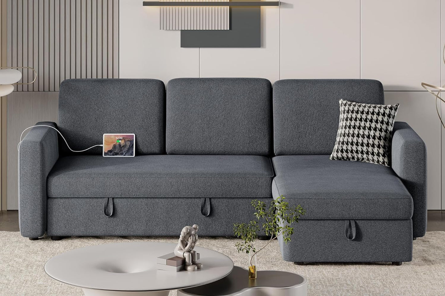 Dark Gray Sectional Sofa With Chaise And USB Charging