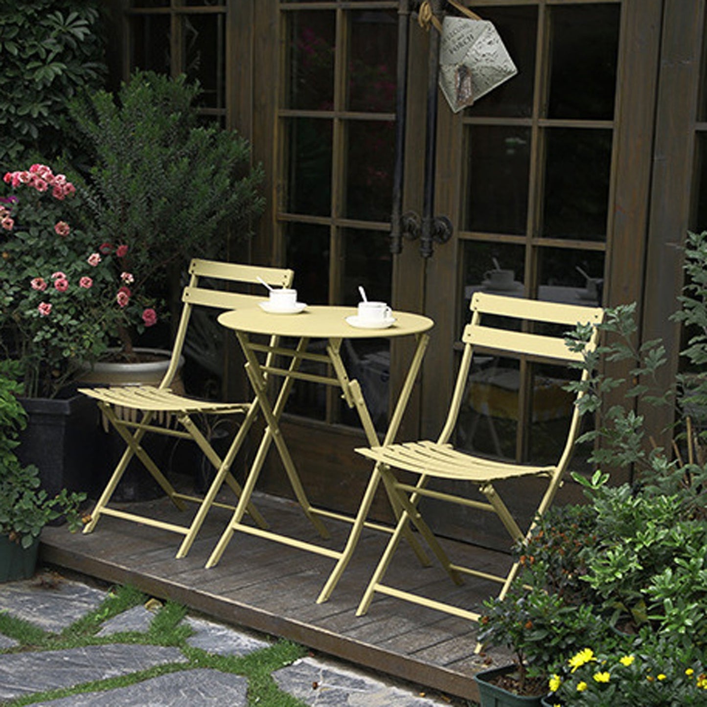 3 Piece Patio Bistro Set of Foldable Round Table and Chairs, Yellow