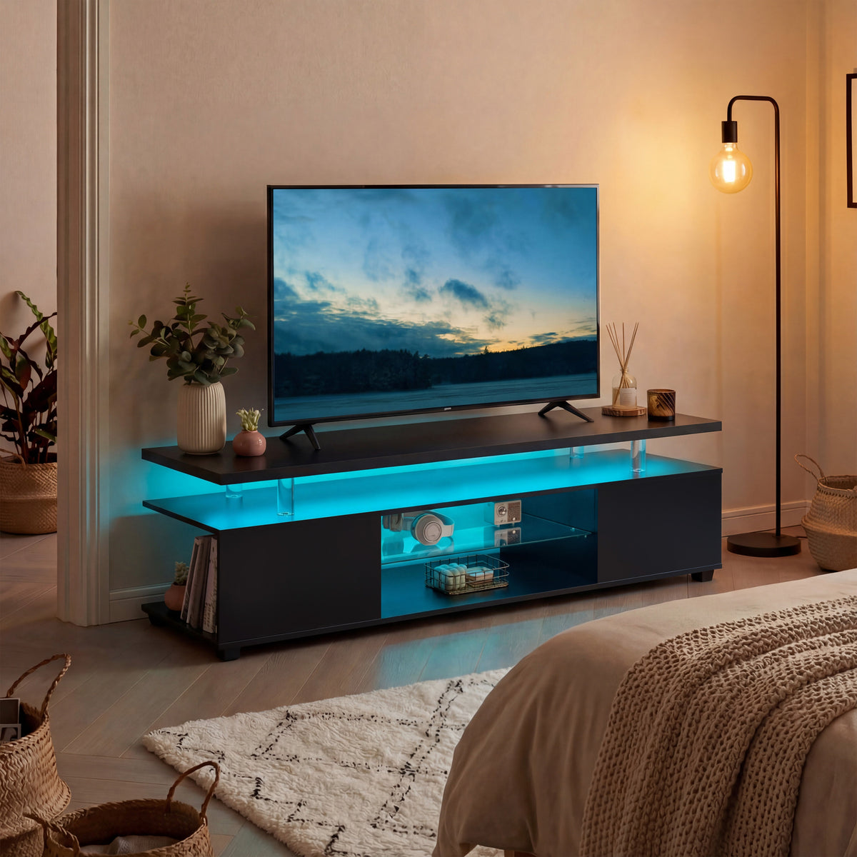 Black TV Stand for 60 Inch TV with LED Strip Lights