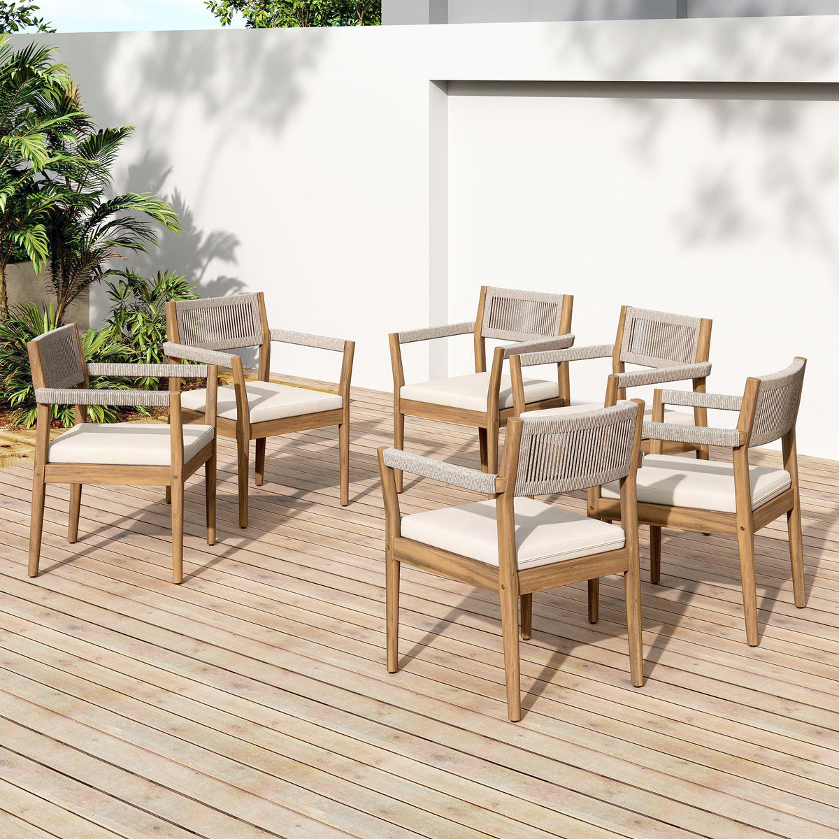 Braided Acacia Wood Outdoor Dining Chairs Set of 4