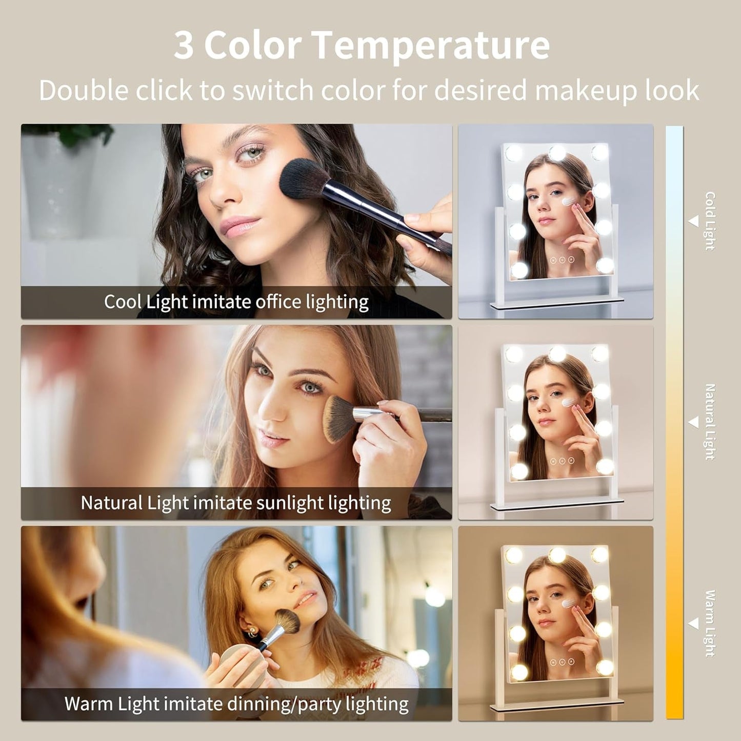 Lighted Makeup Vanity Mirror With 3 Color Modes And 10X Magnification White