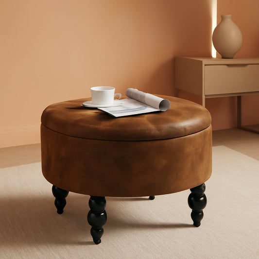 24 Inch Upholstered Storage Ottoman Featuring Tray