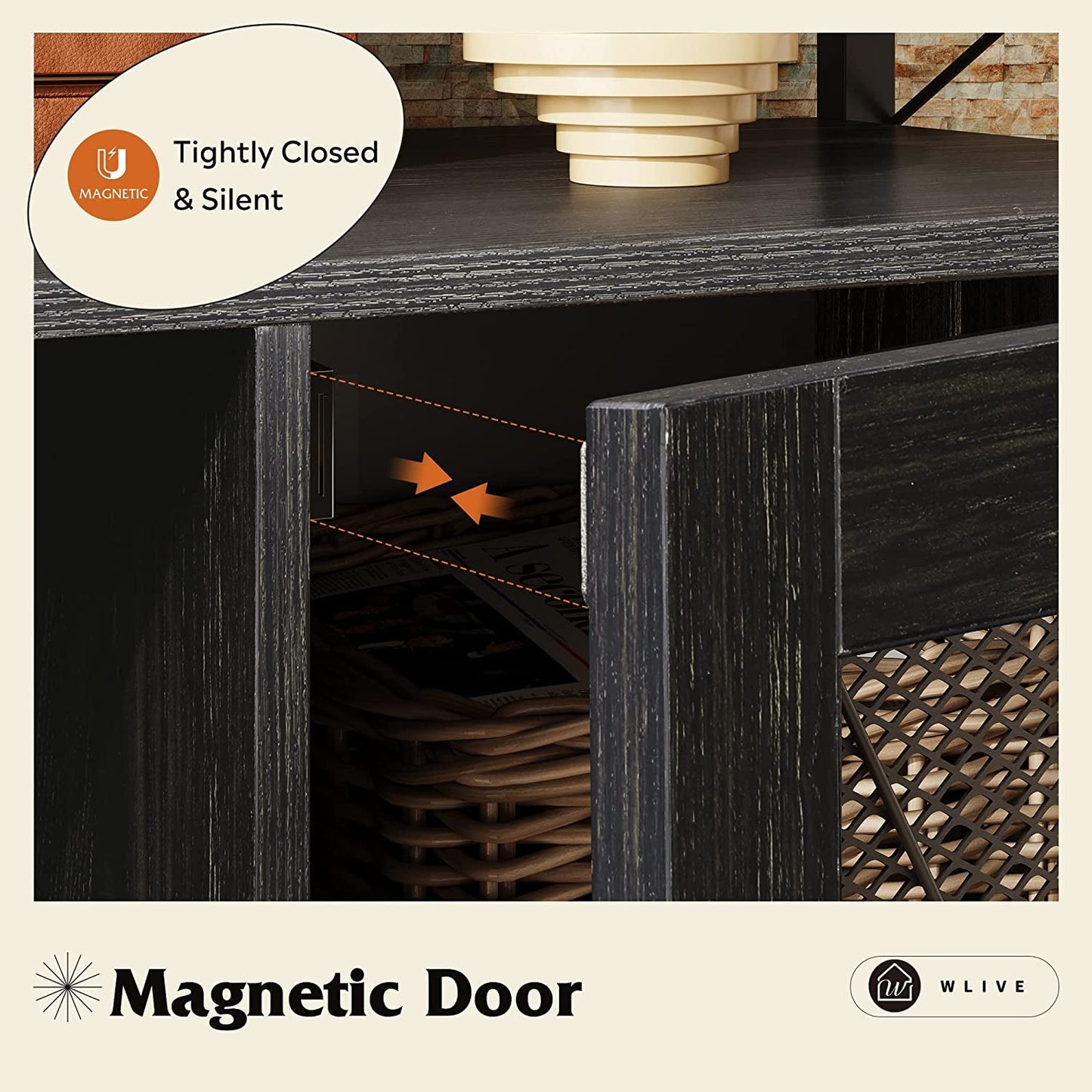 55 Inch TV Stand With Storage Console Industrial Farmhouse featuring magnetic door design for silent closure.