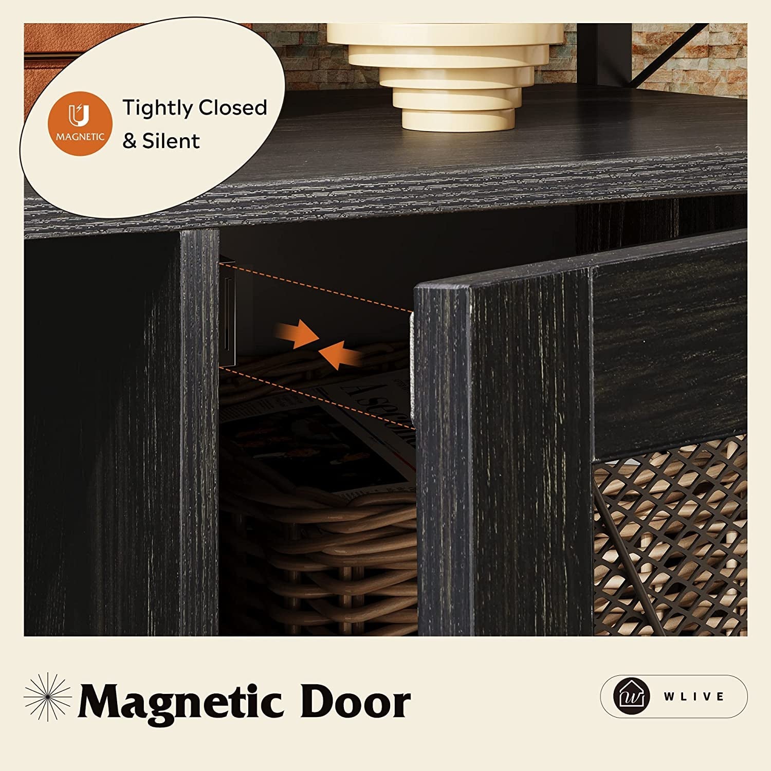 55 Inch TV Stand With Storage Console Industrial Farmhouse featuring magnetic door design for silent closure.
