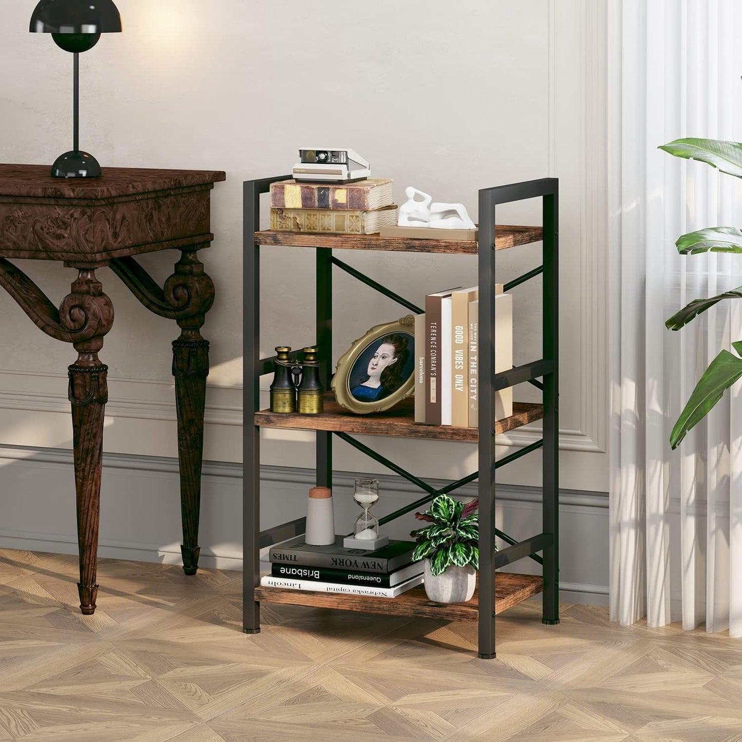 Rustic Brown 3 Tier Metal Bookshelf For Living Room