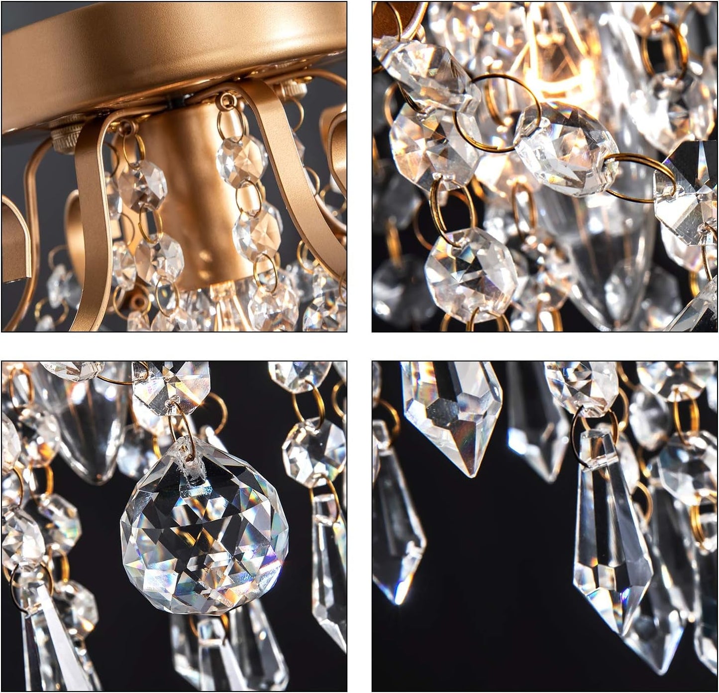 Mini Crystal Chandelier Flush Mount Gold Ceiling Light features elegant crystal accents and a gold finish.