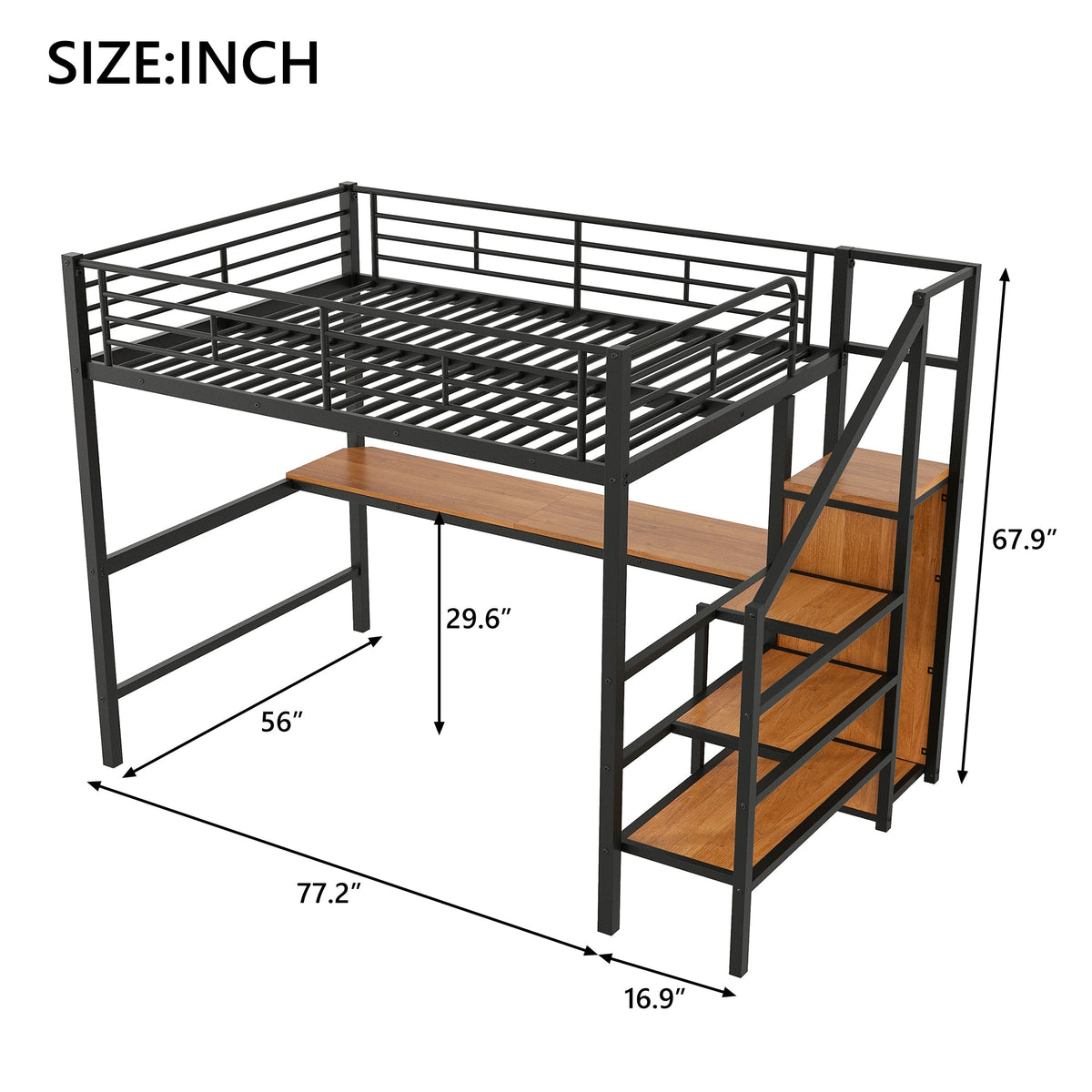 Full Size Metal Loft Bed with Desk, Storage Staircase, Small Wardrobe and LED Light