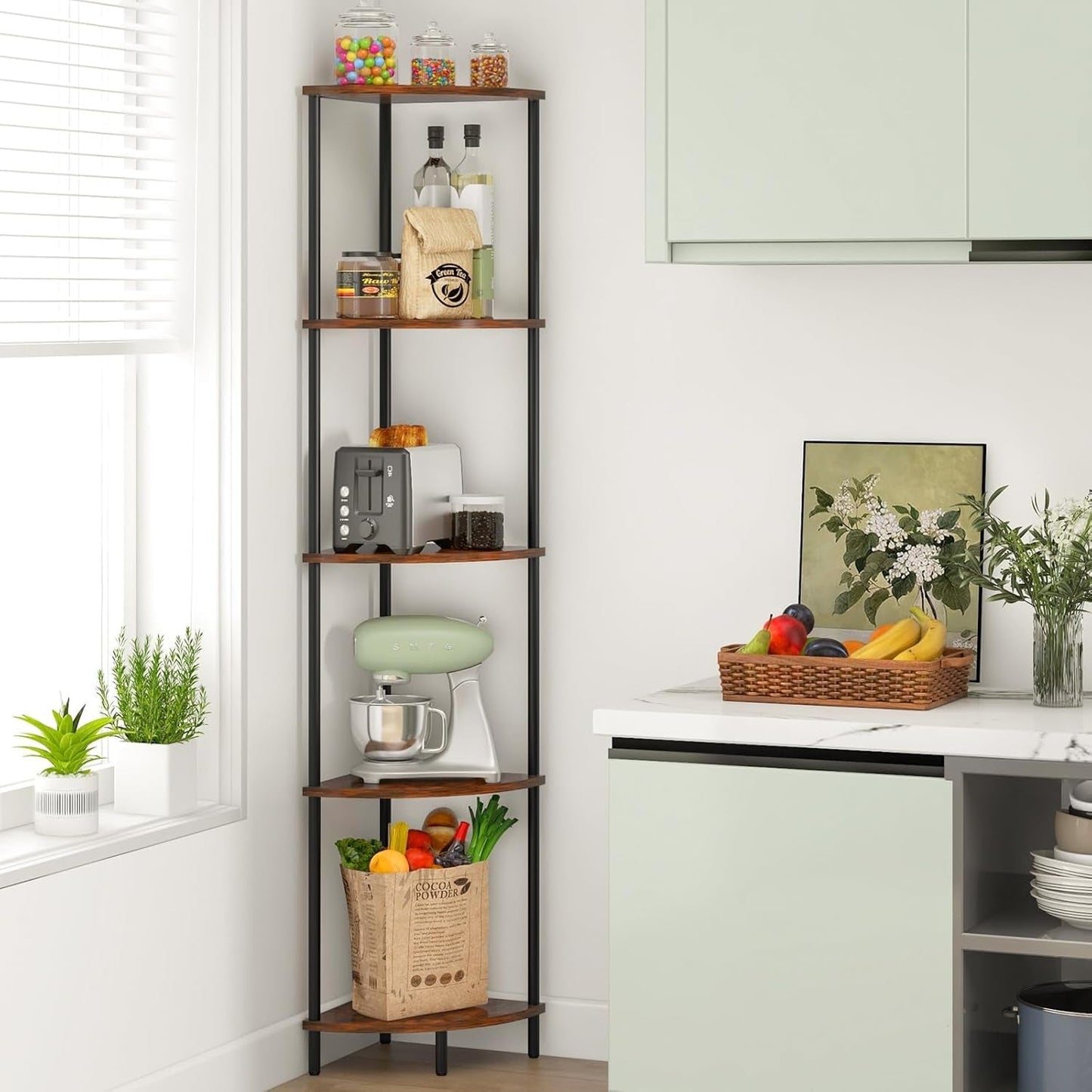 65 Inch Rustic Corner Shelf Stand 5 Tier Bookshelf