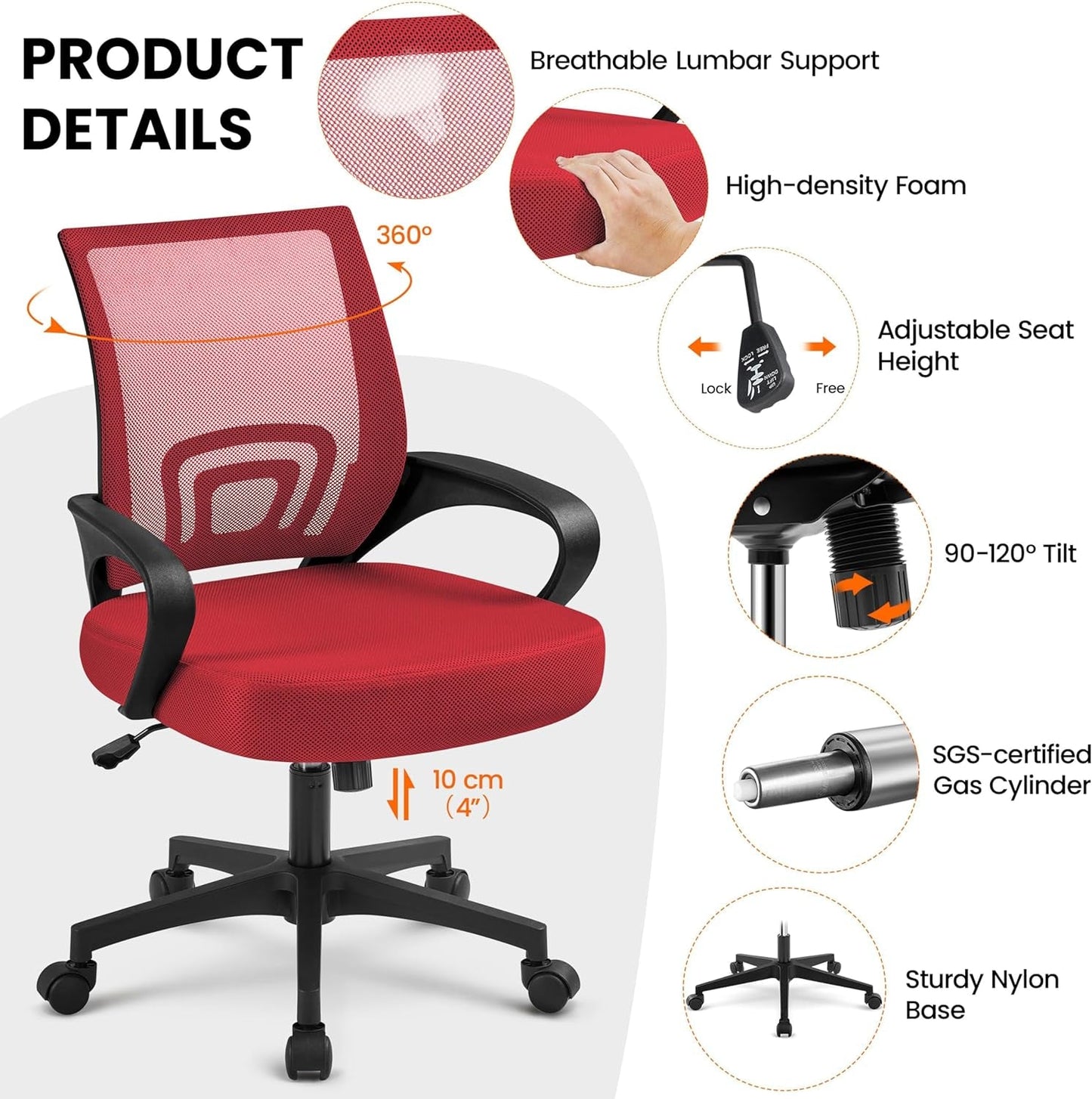 Ergonomic Red Mesh Office Chair With Lumbar Support
