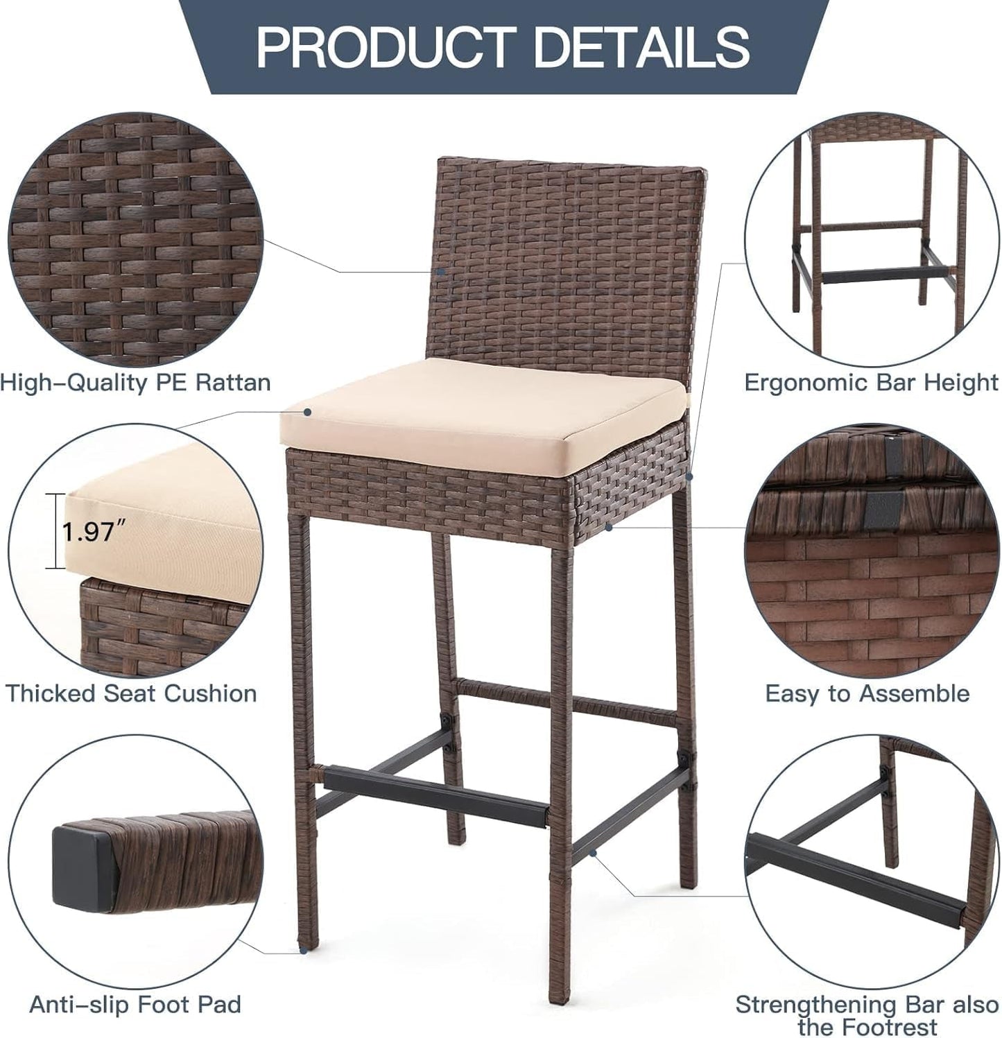 Outdoor Rattan Bar Stools Set with Cushions Comfort
