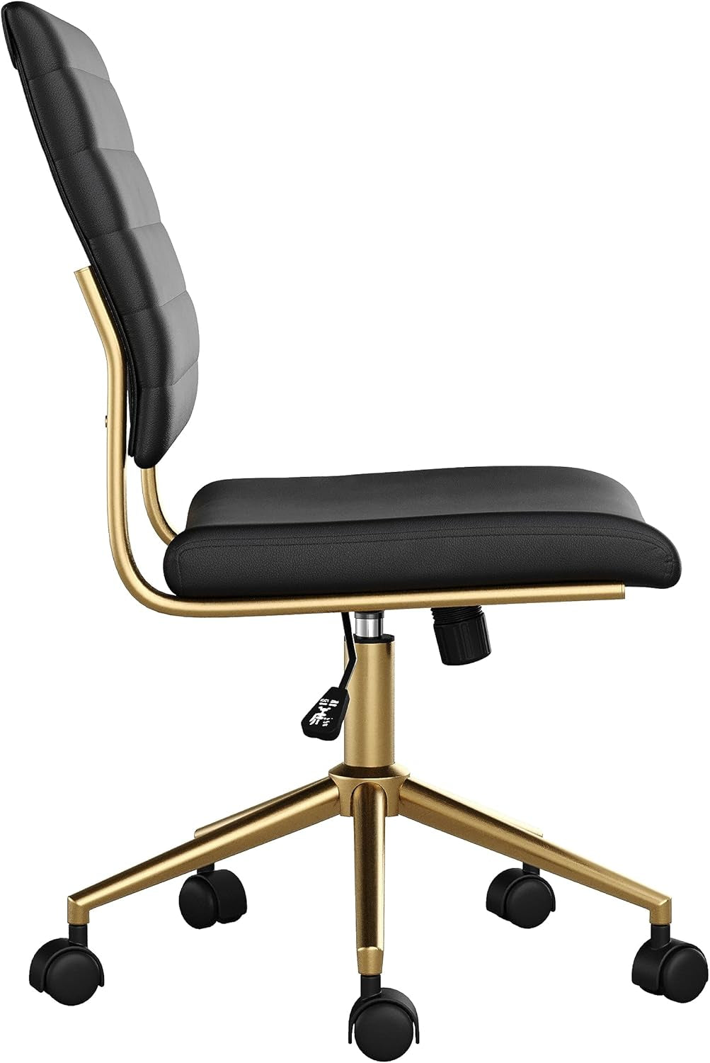 Armless Swivel Task Chair Black Faux Leather Brass Frame
