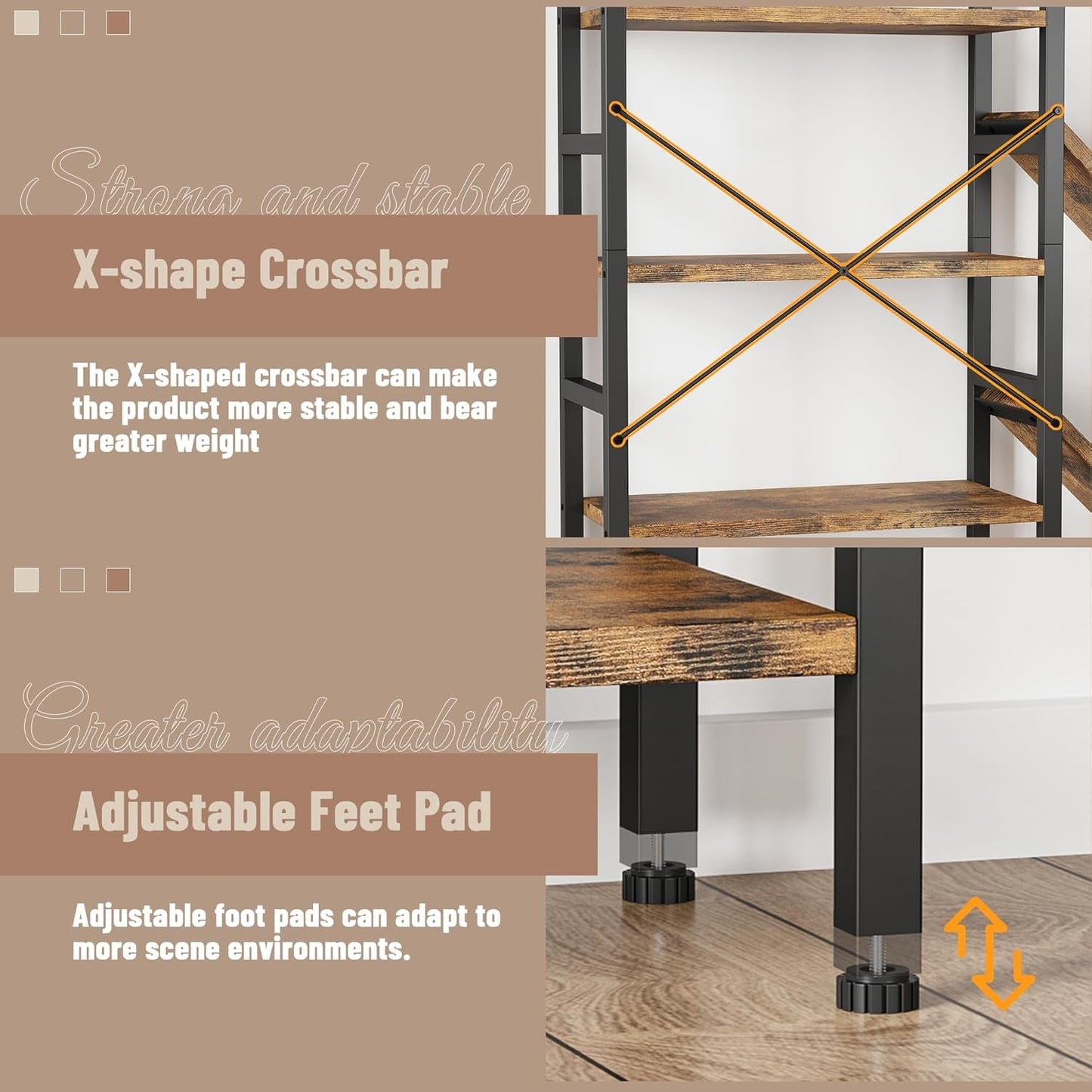 Rustic Brown 5 Tier Wooden Bookcase With Metal Frame