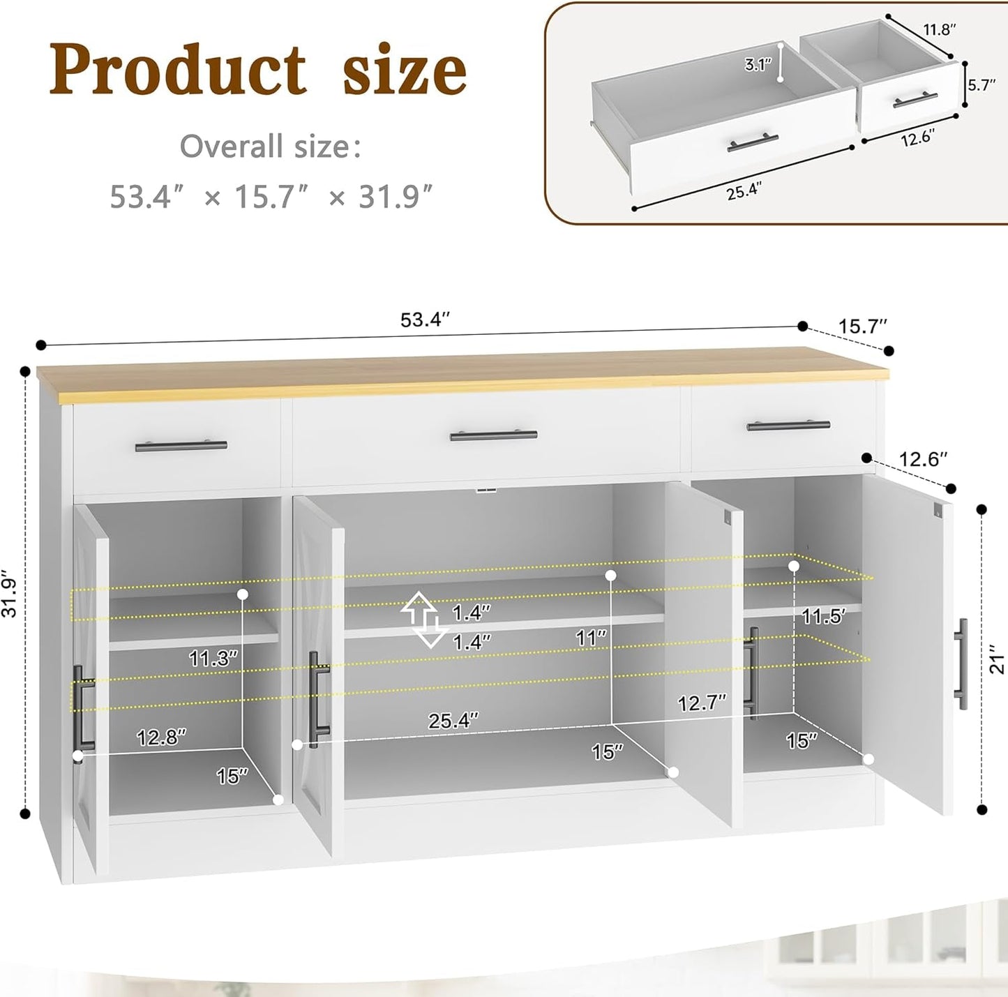 53 Inch White Buffet Cabinet With Drawers For Dining Room