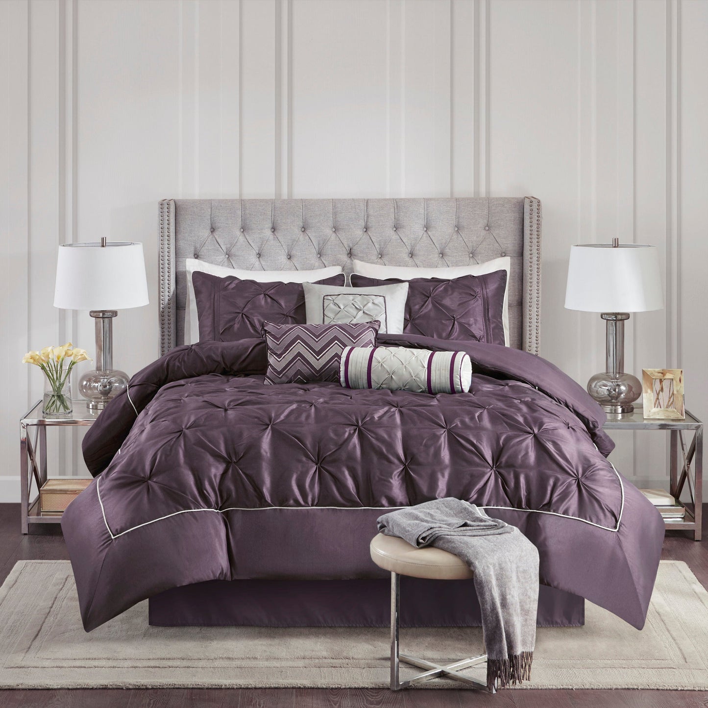 7-Piece Queen 100% Polyester Pieced Pleated Tufted Comforter Set