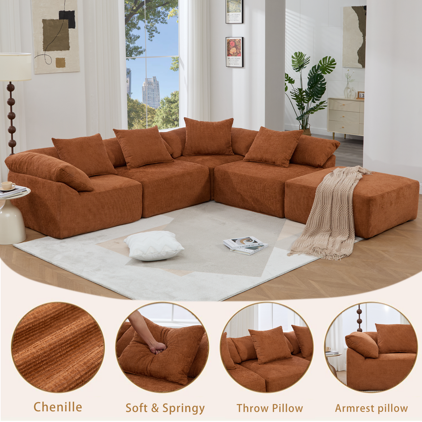 142' L Shaped Modular Sectional Sofa,No Assembly,5 Piece Couch, Convertible Sleeper Couch,Full-Compressed Couch,Free-Combined Couches,5 Seat & Ottoman,Chenille,Orange