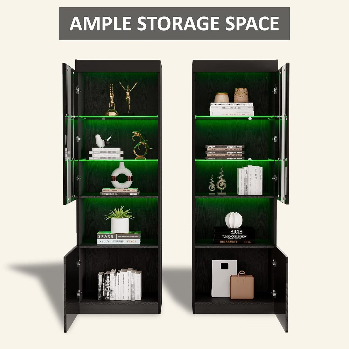 Two Piece 71 Inch Tall Bookcase Storage Cabinet With Glass Doors Set Of Two For Living Room And Office