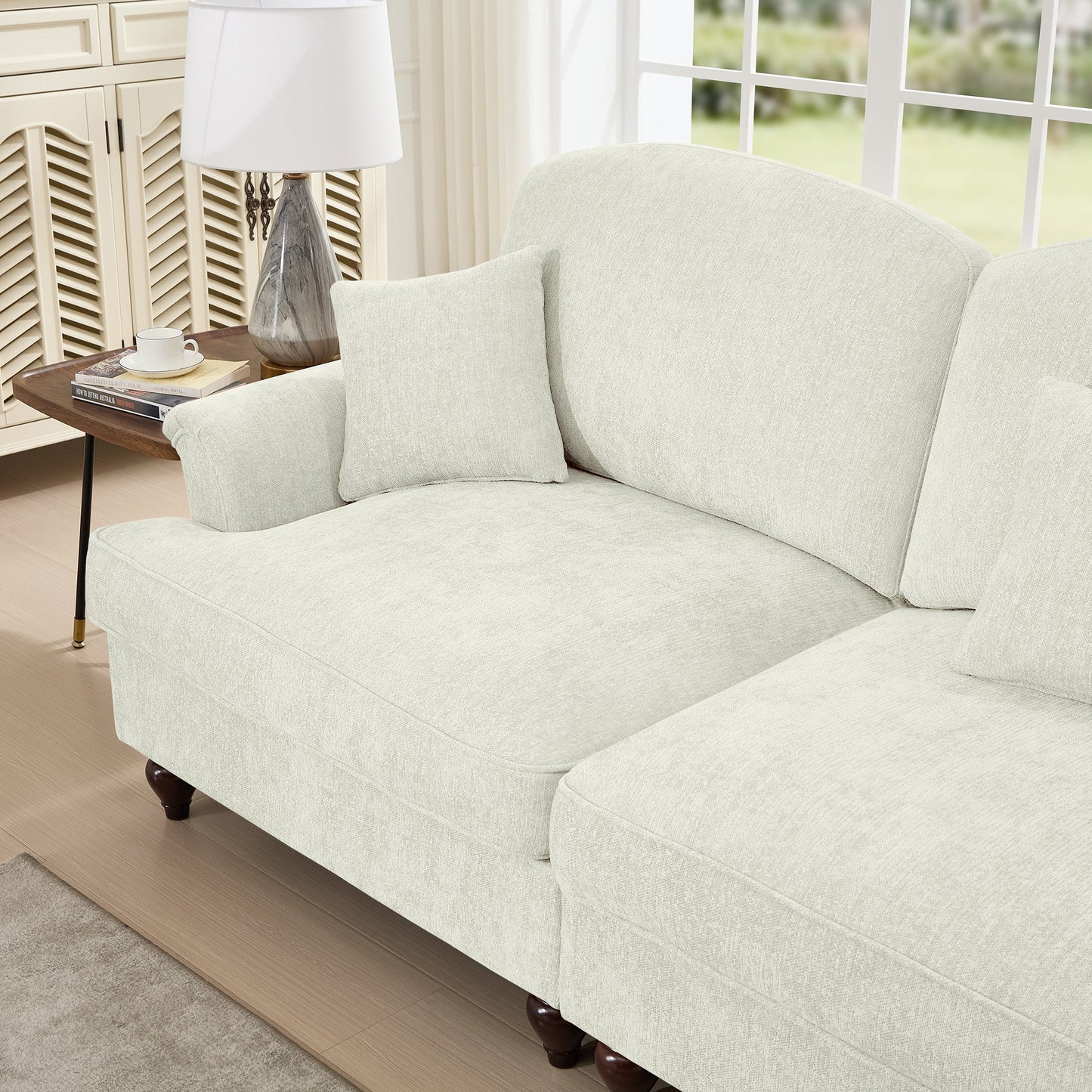 Classic Three Seater Modular L Shaped Sectional Couch with Flared Arms and Removable Ruffles Pleats Skirts and Spindle Legs, Comfy Chenille Four-Seat Deep Seat Sofa with Movable Ottoman, Beige White