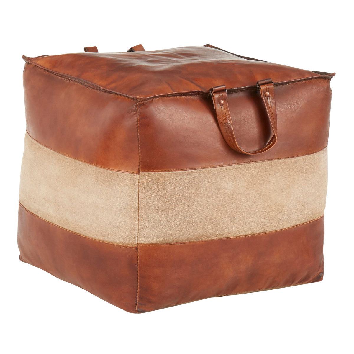Earthy Leather and Canvas Ottoman