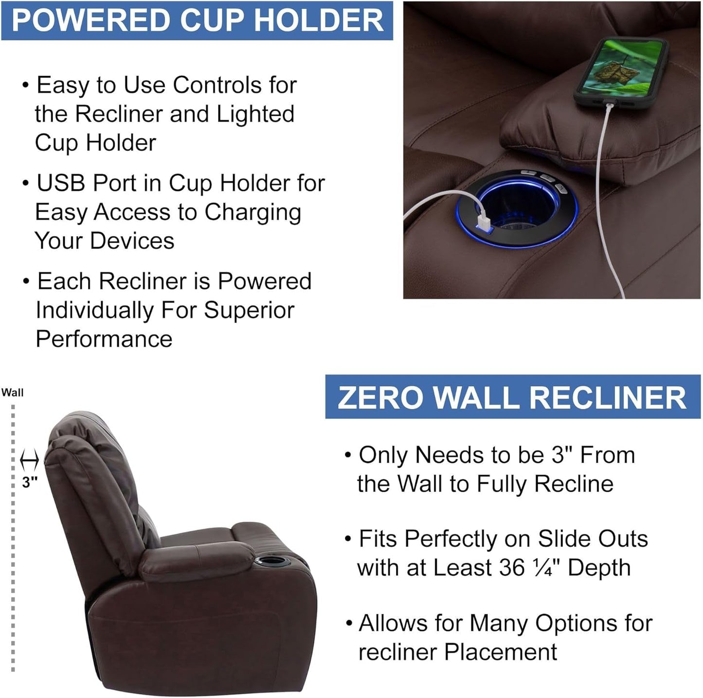 67 Inch Powered RV Wall Hugger Recliner Sofa Mahogany