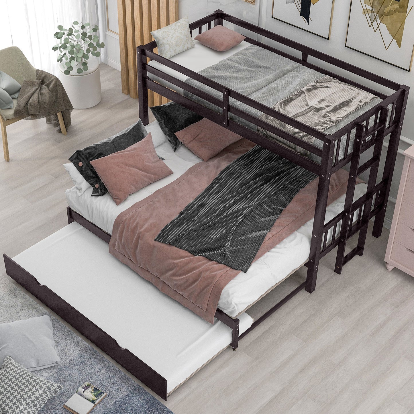 Twin Over Pull-out Bunk Bed with Trundle, Espresso