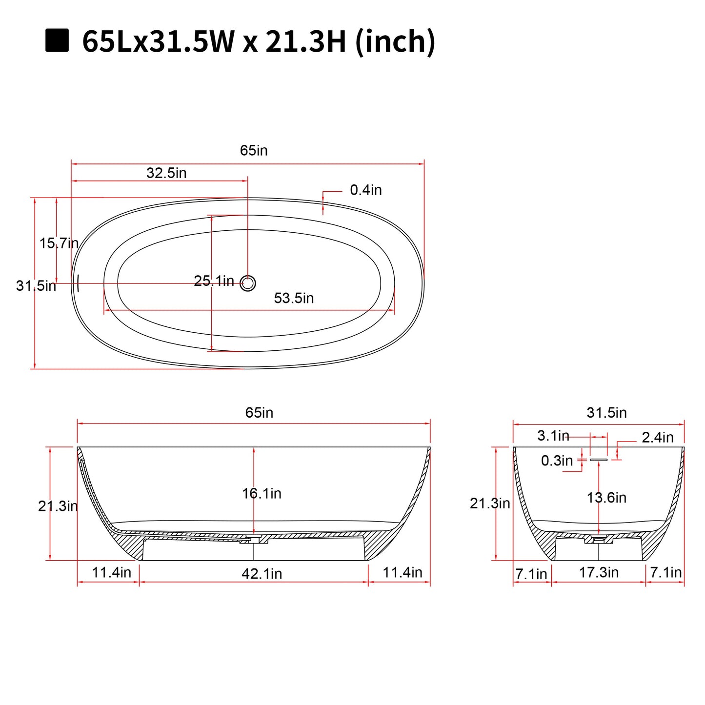 65'' Freestanding Bathtub Resin Stone Soaking Bathtub