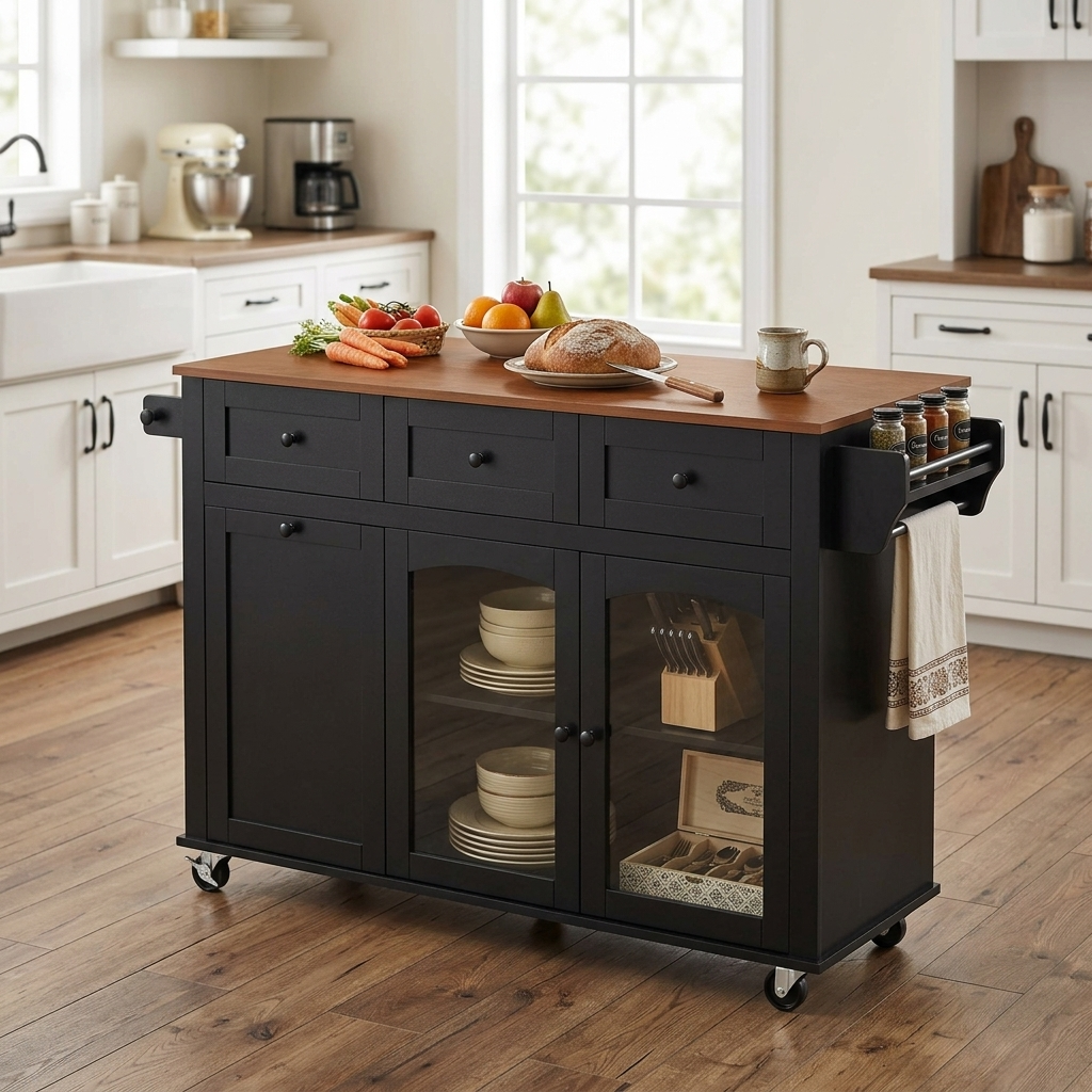 54.2" Mobile Kitchen Island with Glass Door Storage & Trash Bin Cabinet