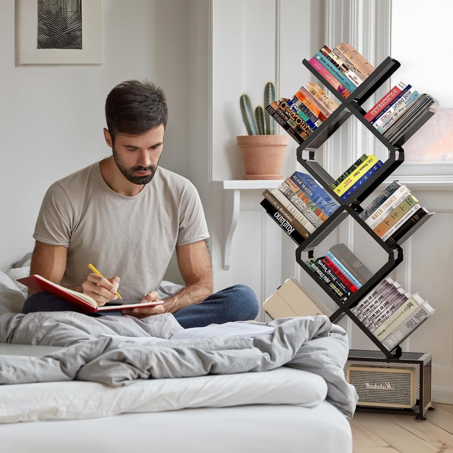 Folding Bookshelf 9 Tier Tree Design With Storage Cabinet