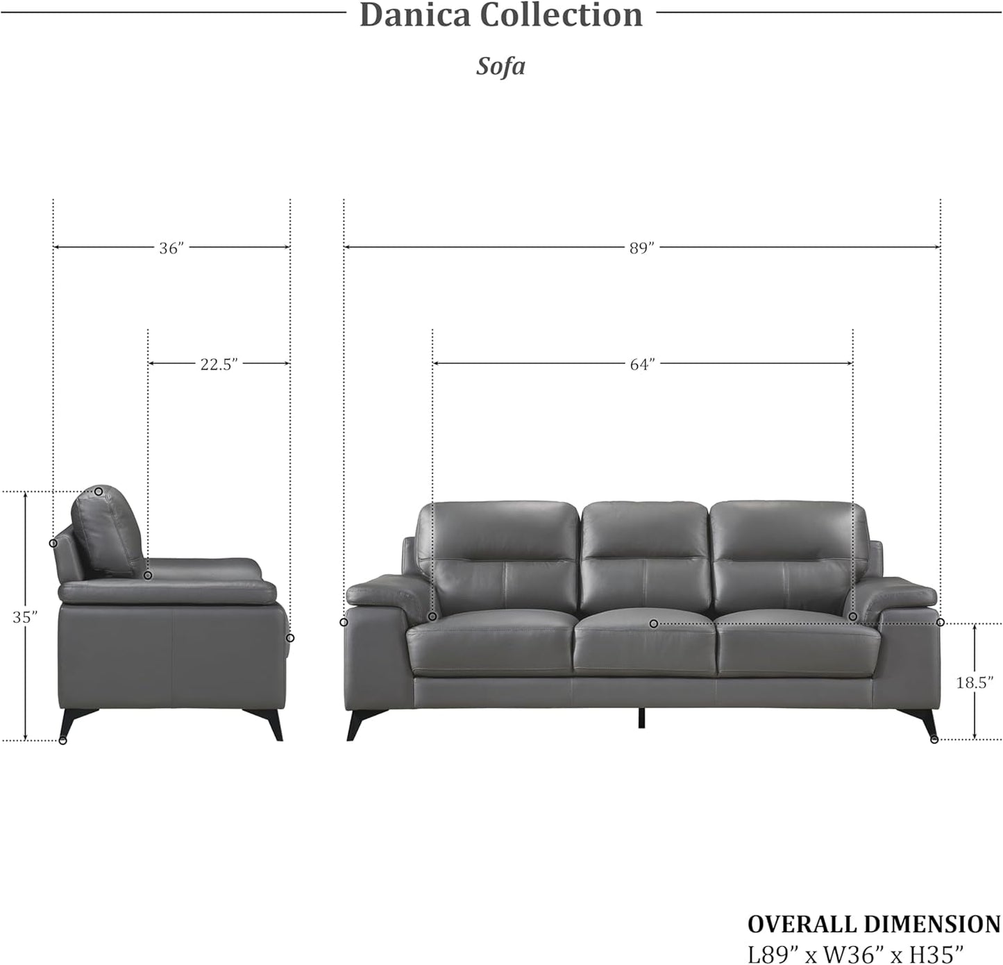 Top Grain Leather Two Piece Living Room Sofa Set Dark Gray