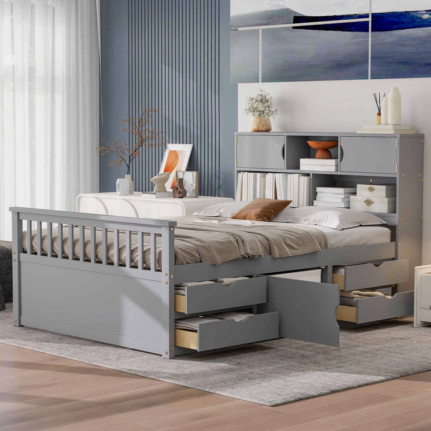 Full Size Captain Platform Bed Frame with Storage Bookcases and Shelves
