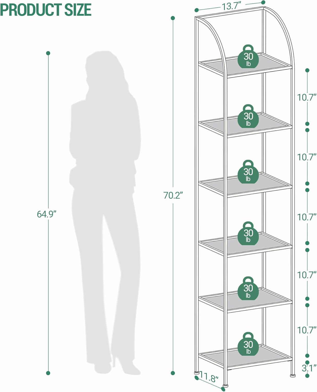 Bookcase Bookshelf 6 Tier Gold Tempered Glass Arched Top