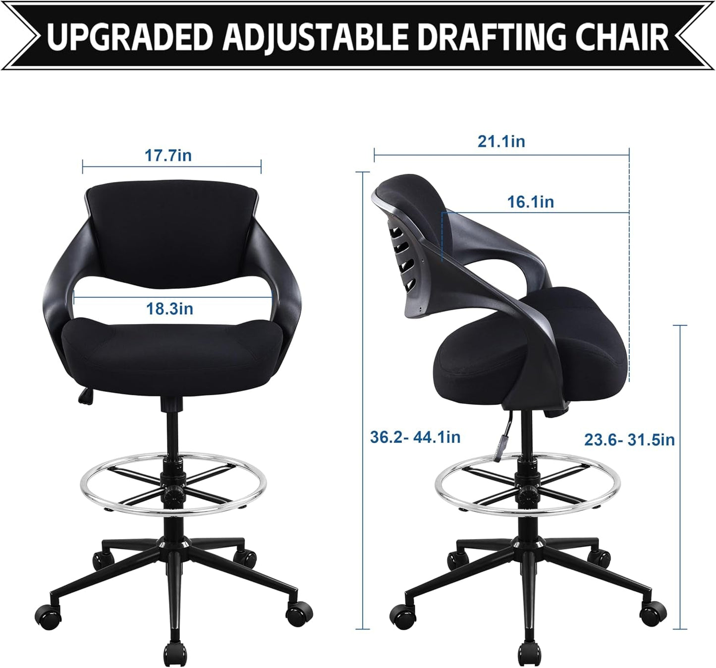 Ergonomic Drafting Chair With Lumbar Support And Foot Ring Black