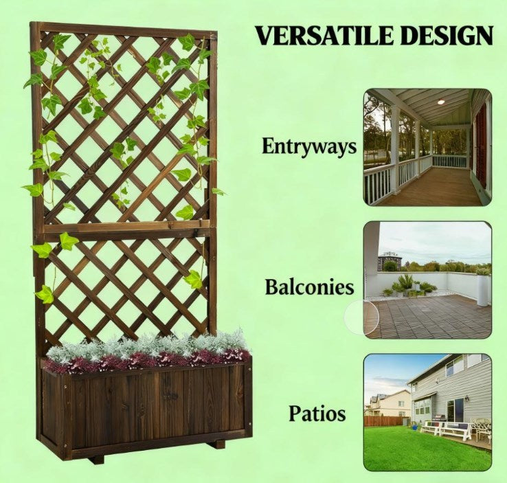 Garden Bed, Wooden Raised Garden Bed Planting Planter Box with Trellis and Drain Holes