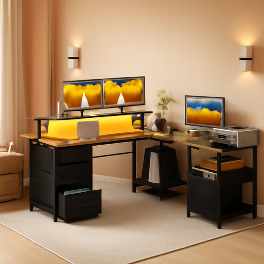 66 Inch L Shaped Desk With LED Lights And Power Outlet