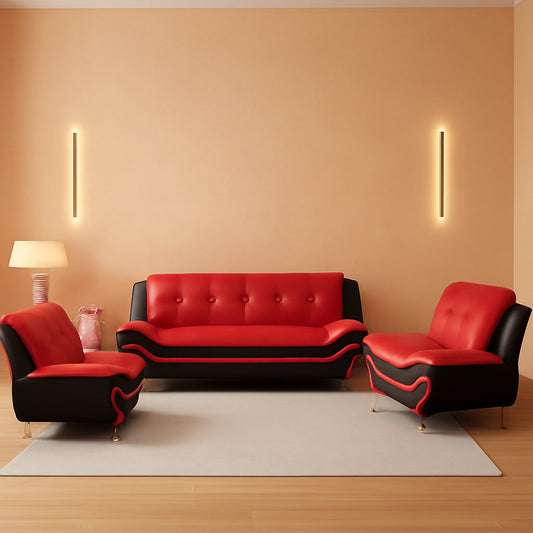 Leather Three Piece Living Room Sofa Set Black And Red