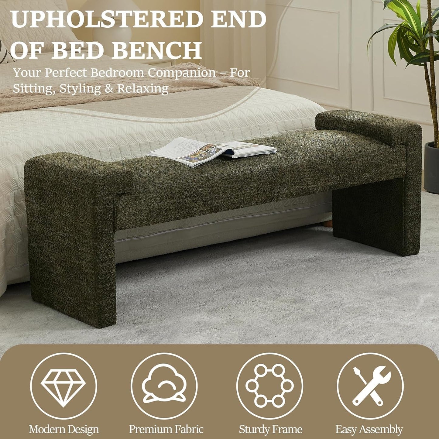 Green Upholstered End Of Bed Bench Curved Wood Frame