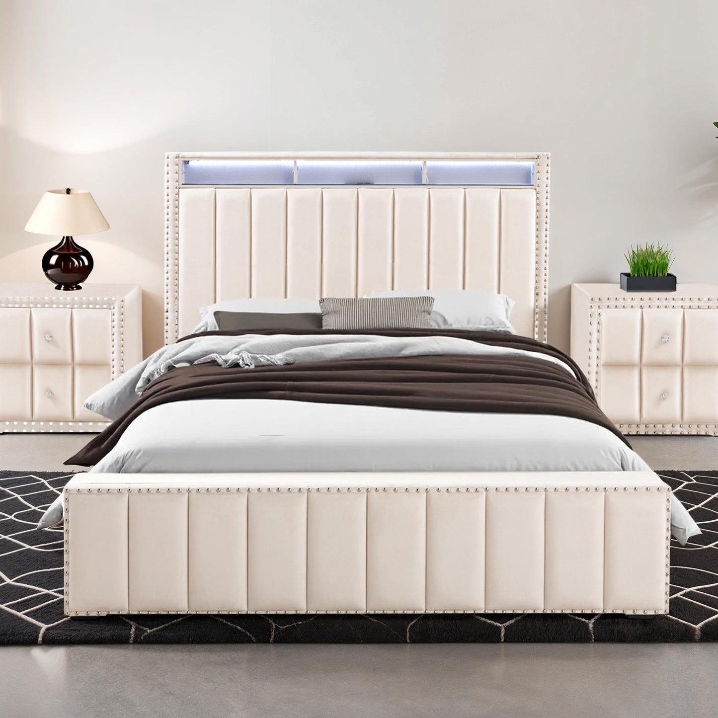 Full Size Bed 2x Nightstands Bedroom Furniture Contemporary Beige Fabric Upholstered Bedframe w LED Nailhead Trim 3pc Bedroom Set