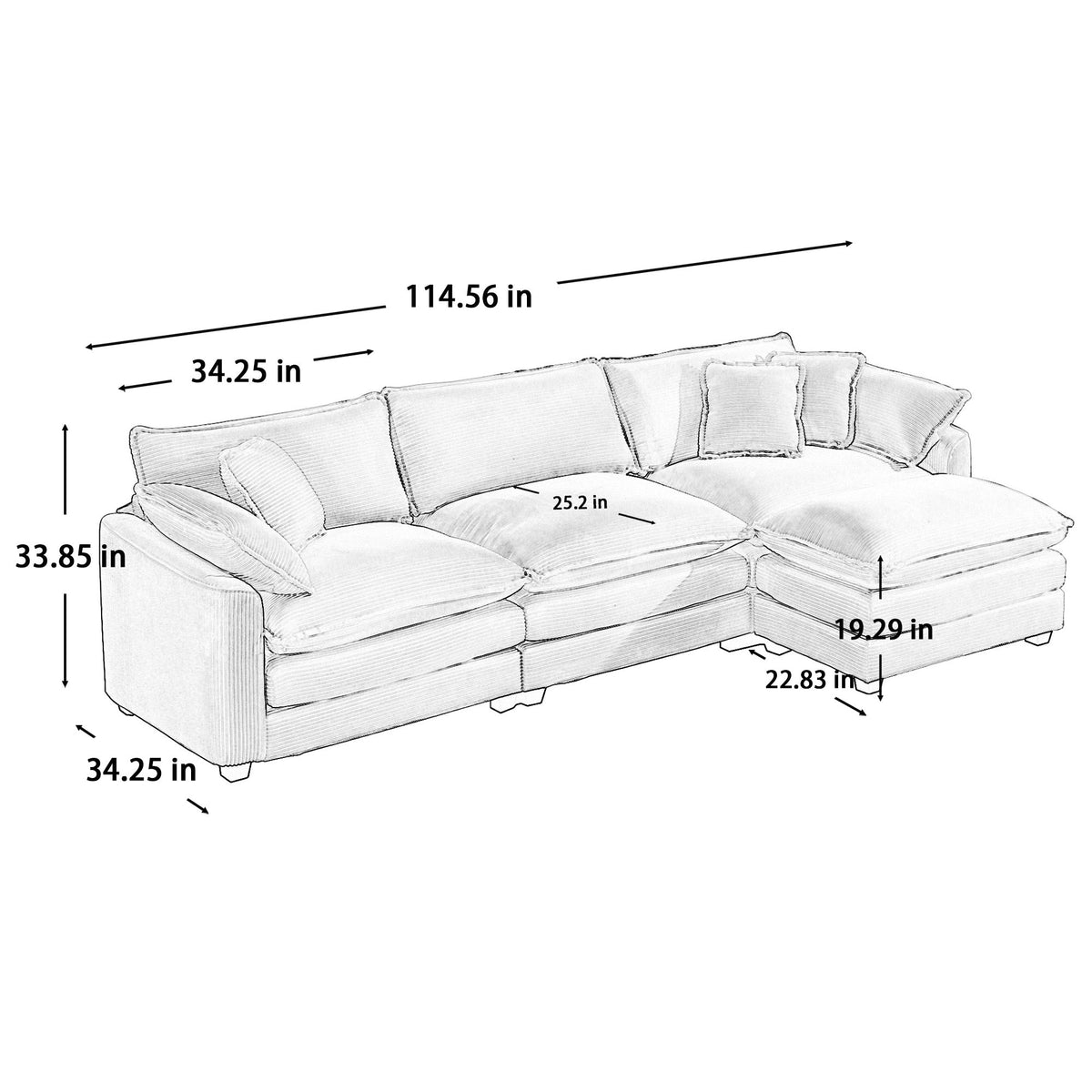 Corduroy 3-Seater Sofa with Ottoman