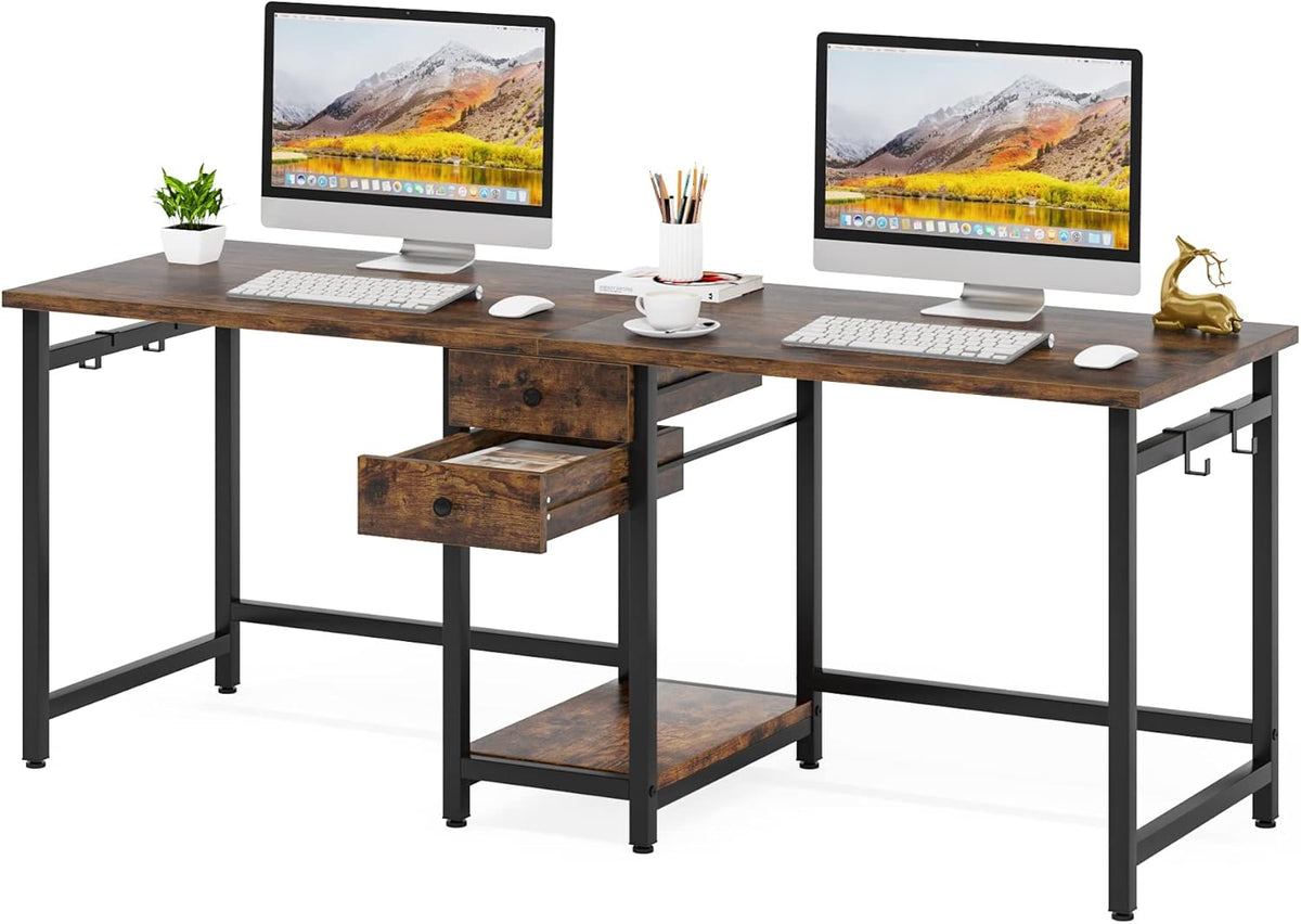79-Inch Two Person Computer Desk with Drawers and Storage Shelves
