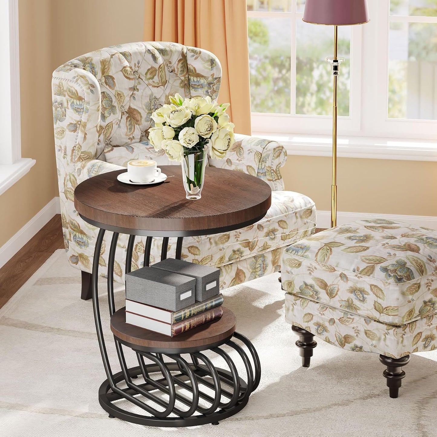 19.68" Round Vintage End Table with 2-Tier Storage – Rustic