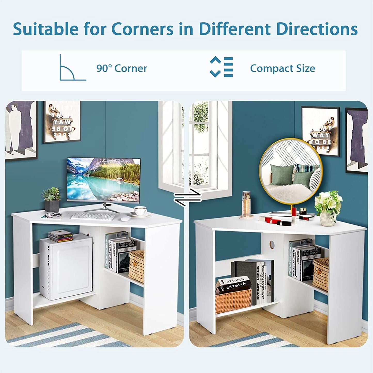 Compact White Corner Desk With Storage Shelves For Home Office