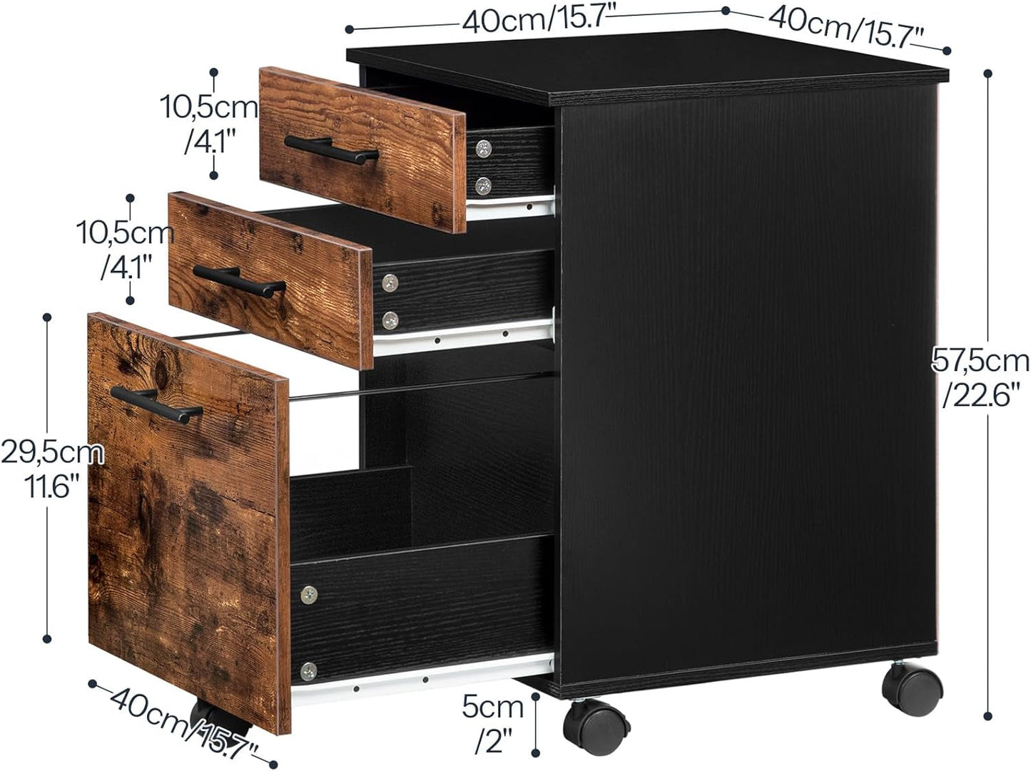 Wooden Three Drawer File Cabinet Under Desk Fits A4 Letter Size Rustic Brown Black Finish With Rolling Storage