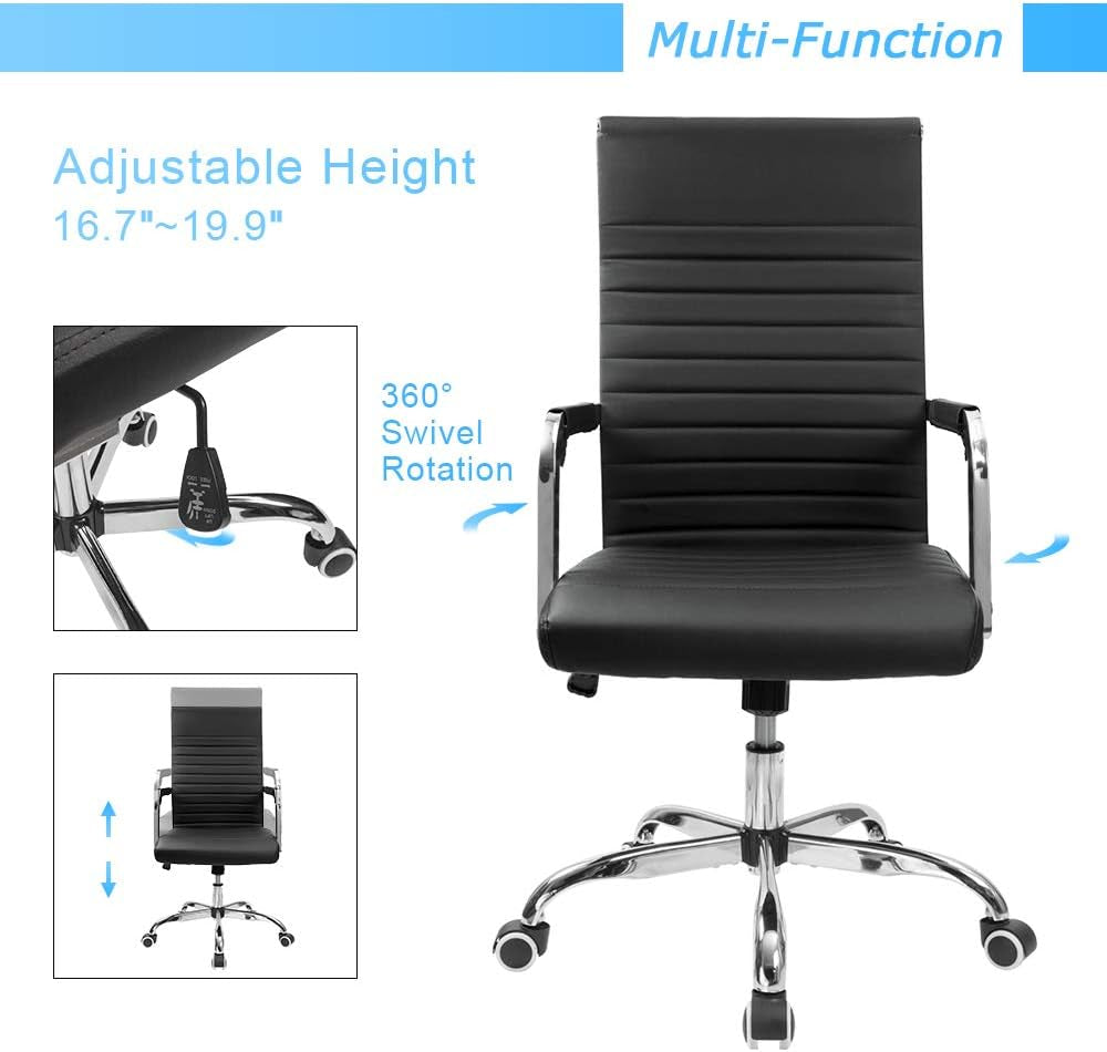 Ribbed Mid Back PU Leather Desk Chair Adjustable Black