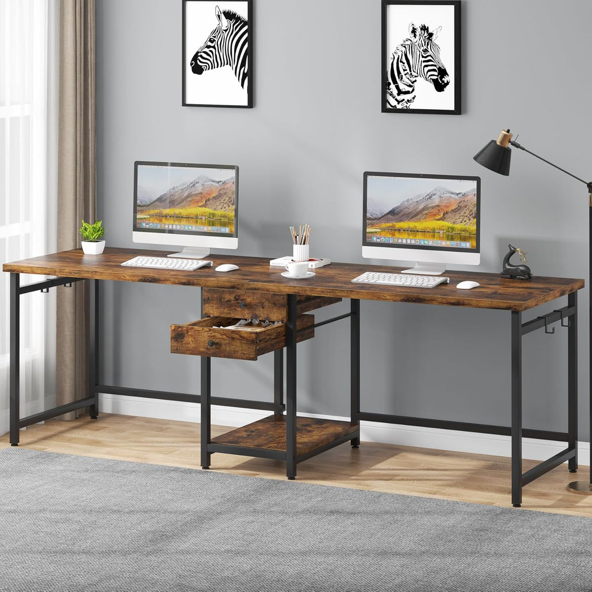 79-Inch Two Person Computer Desk with Drawers and Storage Shelves