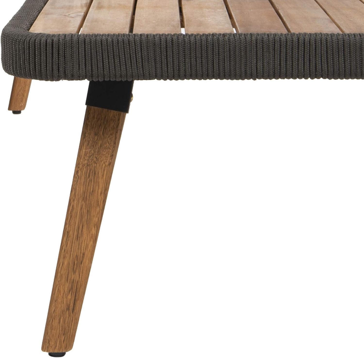 Close-up view of the leg and top of the Outdoor Patio 4 Piece Eucalyptus Rope Furniture Set showcasing eucalyptus wood and rope design.
