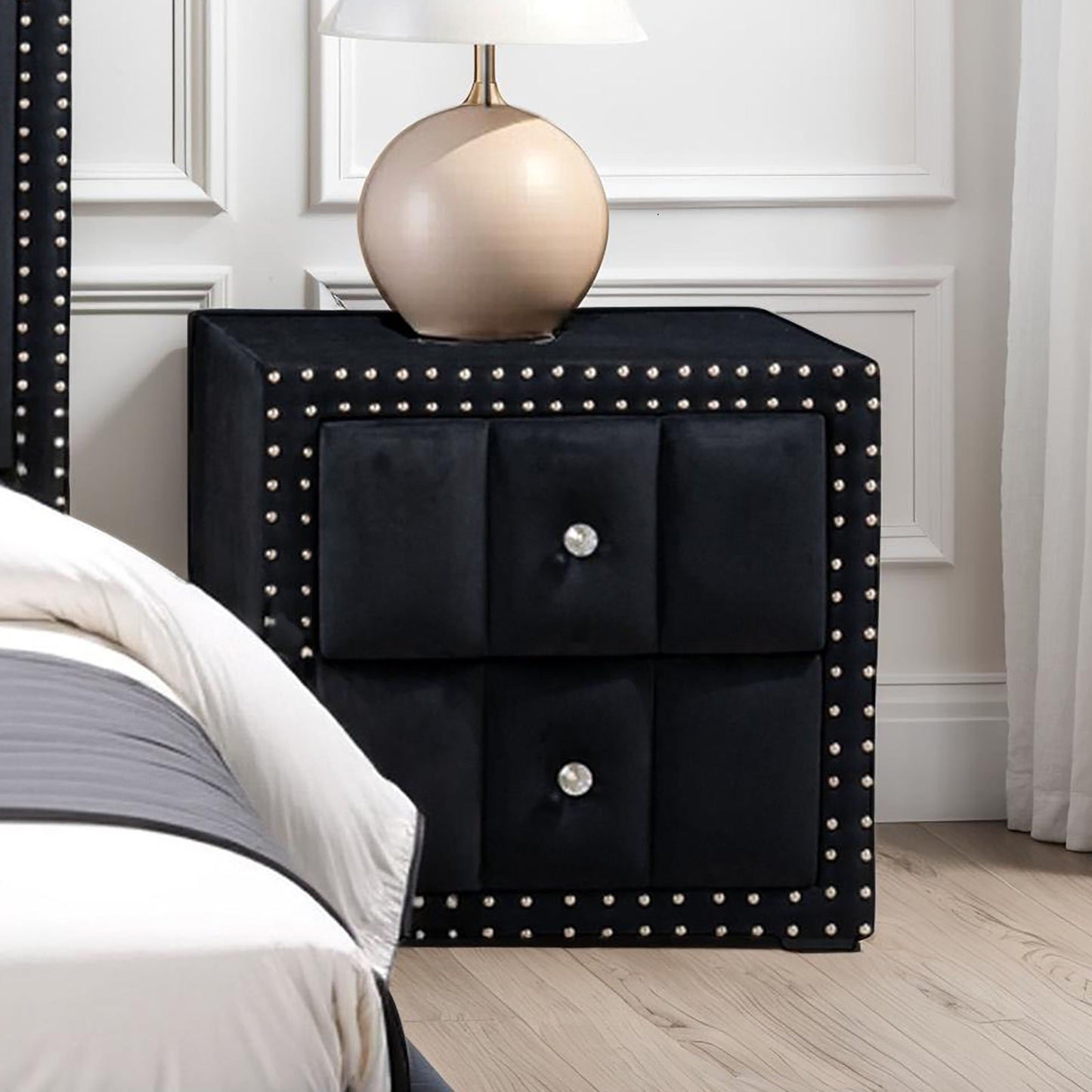 Queen Size Bed And 2x Nightstands Bedroom Furniture Luxury Look Black Fabric Upholstered Bedframe w LED Nailhead Trim 3pc Bedroom Set