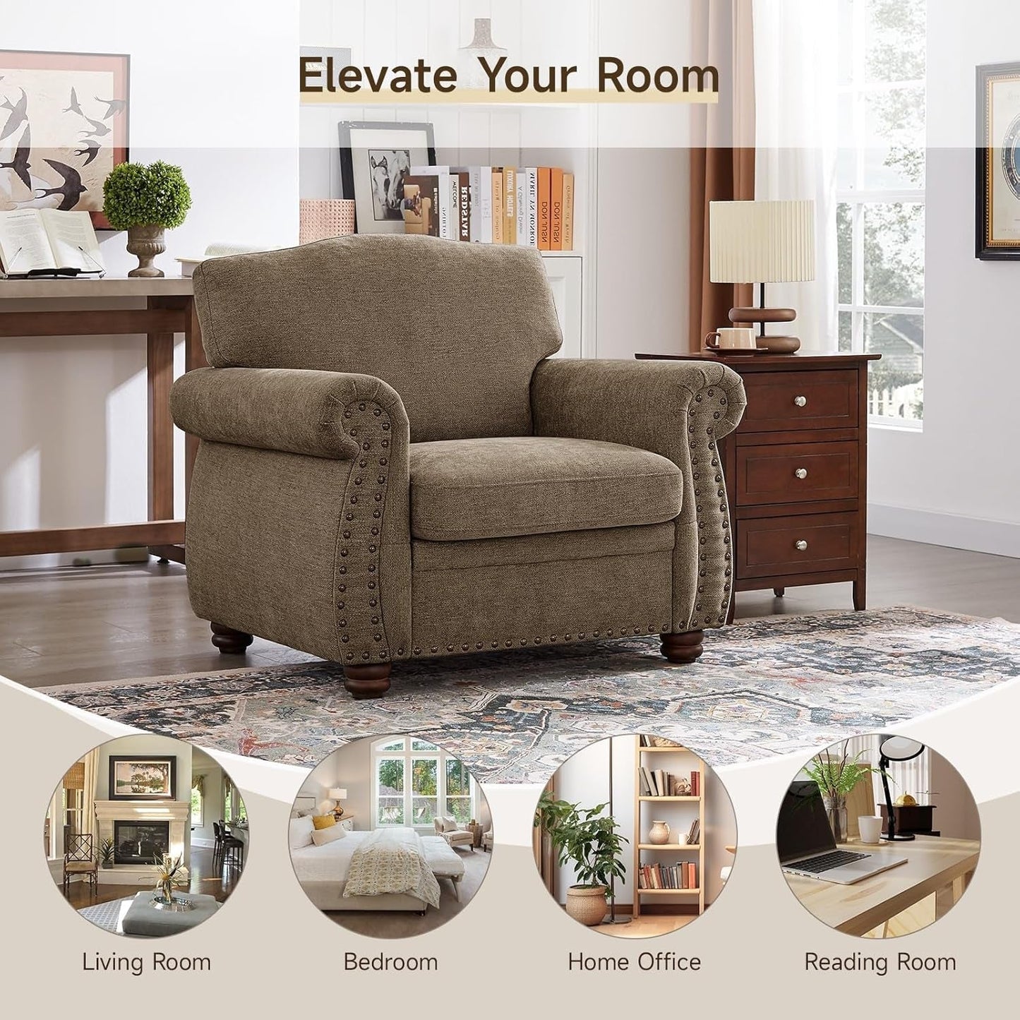 Brown Nailhead Trim Armchair For Living Room Decor