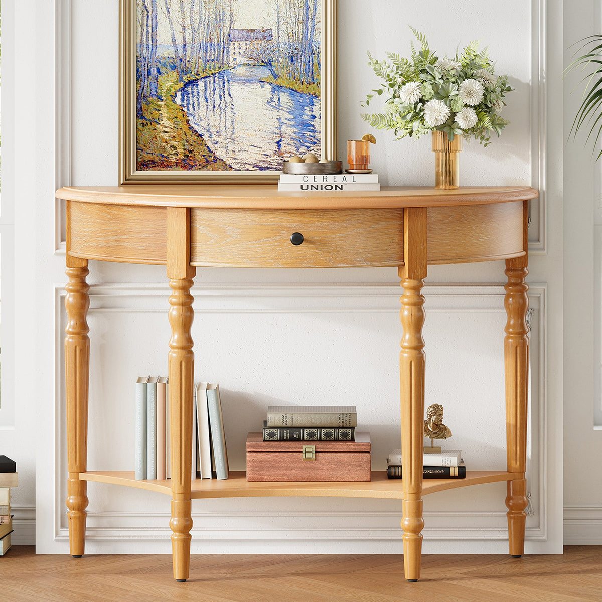 TREXM Farmhouse Half Moon Console Table with Drawer & Shelf - Rustic Accent Table