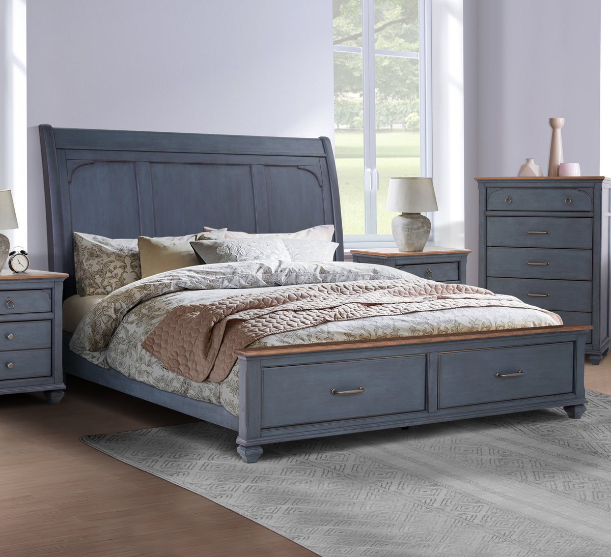 Americana Queen Size Sleigh Bed, Corduroy