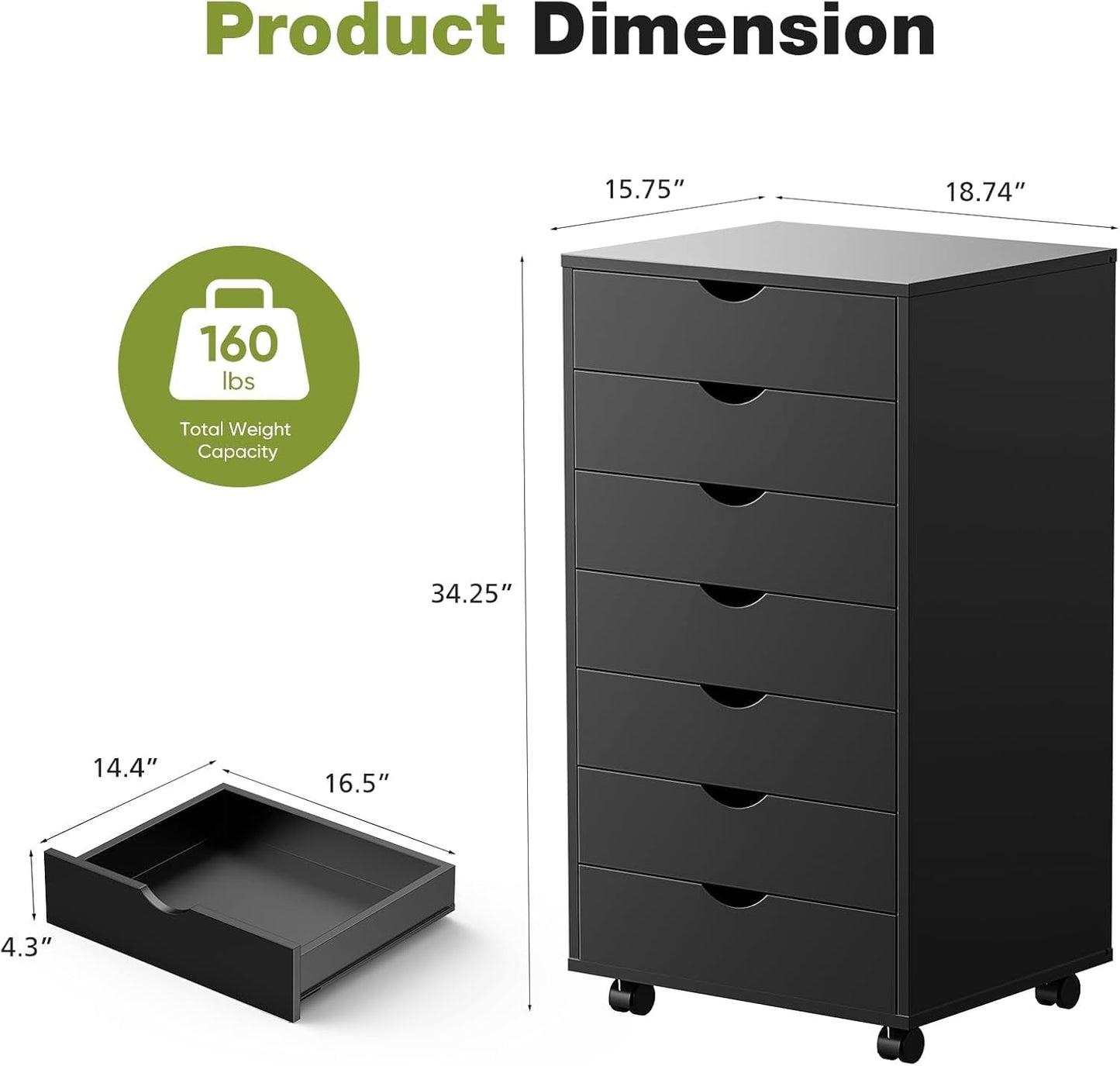 7-Drawer Mobile Storage Chest Wooden Dresser With Wheels Black Wood