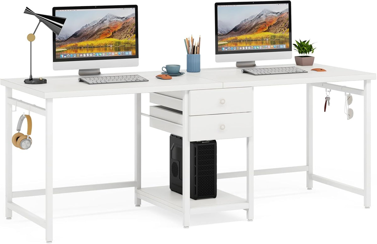 79-Inch Two Person Computer Desk with Drawers and Storage Shelves